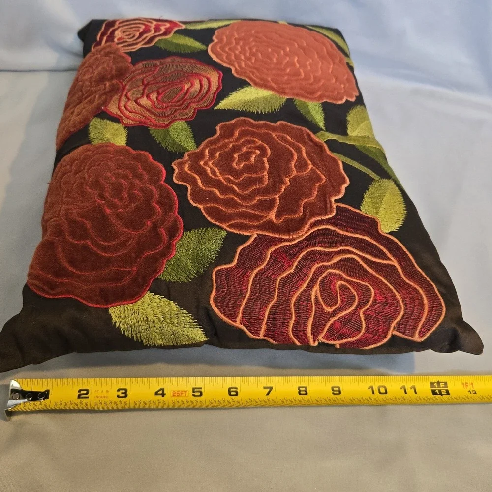 Pier 1 Floral Rose Throw Pillow 16x12 Velvet Embroidered Brown Red Orange Green
